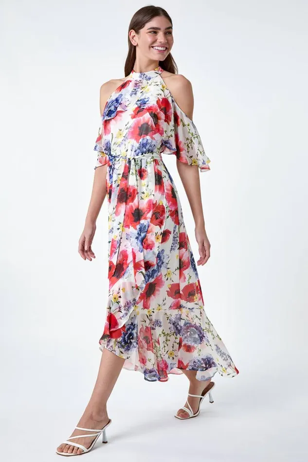 Ivory Poppy Floral Frill Halterneck Dress Women Roman Dresses