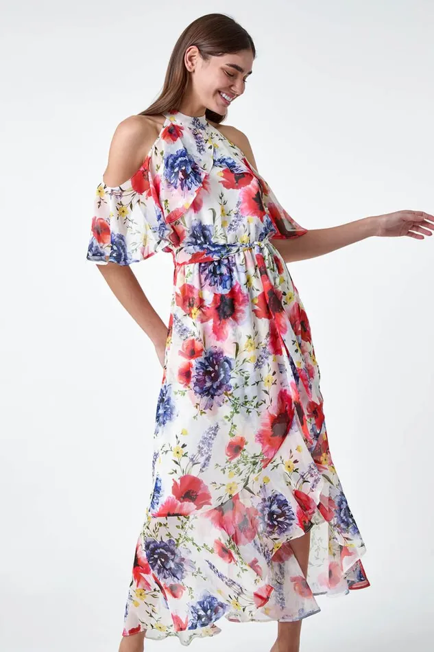 Ivory Poppy Floral Frill Halterneck Dress Women Roman Dresses
