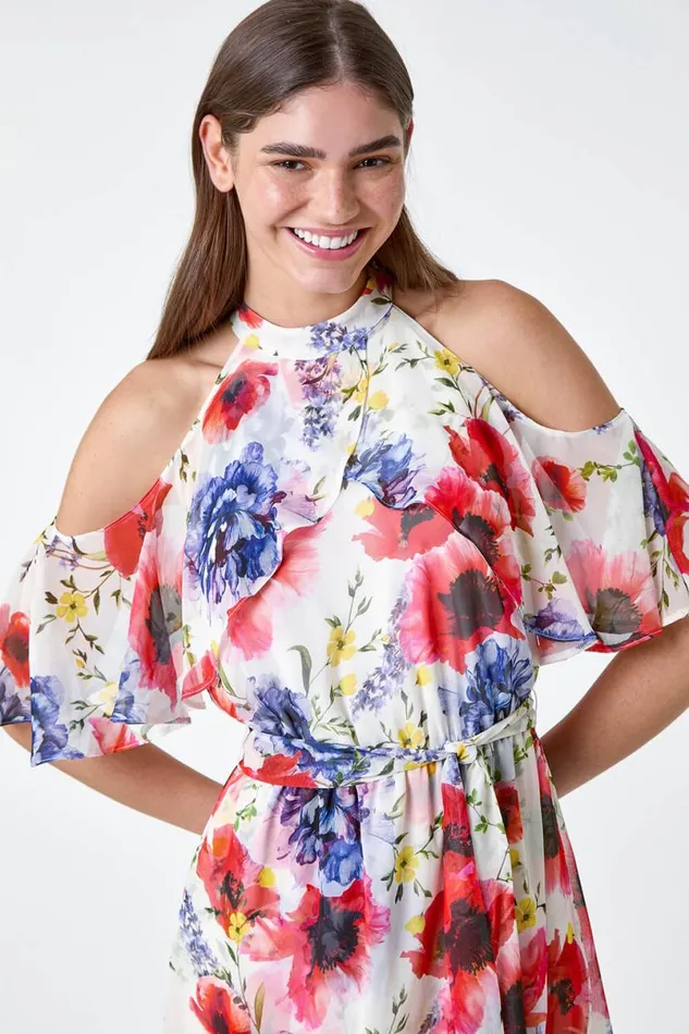 Ivory Poppy Floral Frill Halterneck Dress Women Roman Dresses