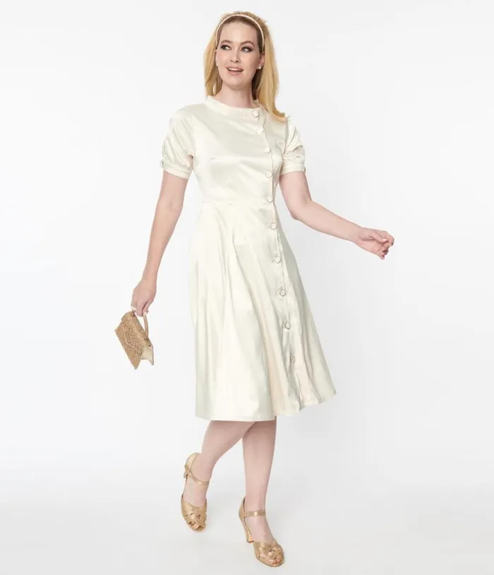 Ivory Satin Button Bridal Swing Dress ClothingPlus Unique Vintage Shorts