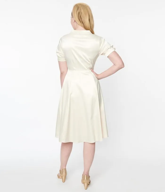 Ivory Satin Button Bridal Swing Dress ClothingPlus Unique Vintage Shorts
