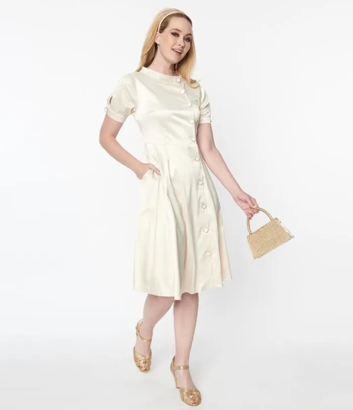 Ivory Satin Button Bridal Swing Dress ClothingPlus Unique Vintage Shorts