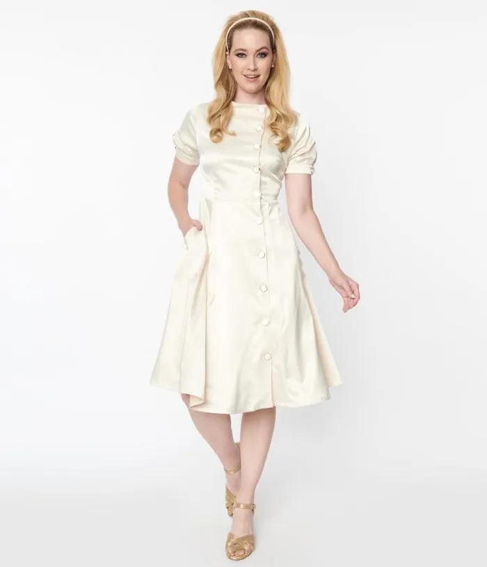 Ivory Satin Button Bridal Swing Dress ClothingPlus Unique Vintage Shorts