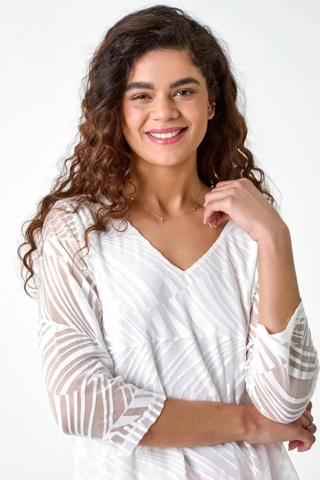 Ivory Textured Animal Print VNeck Top Women Roman Tops
