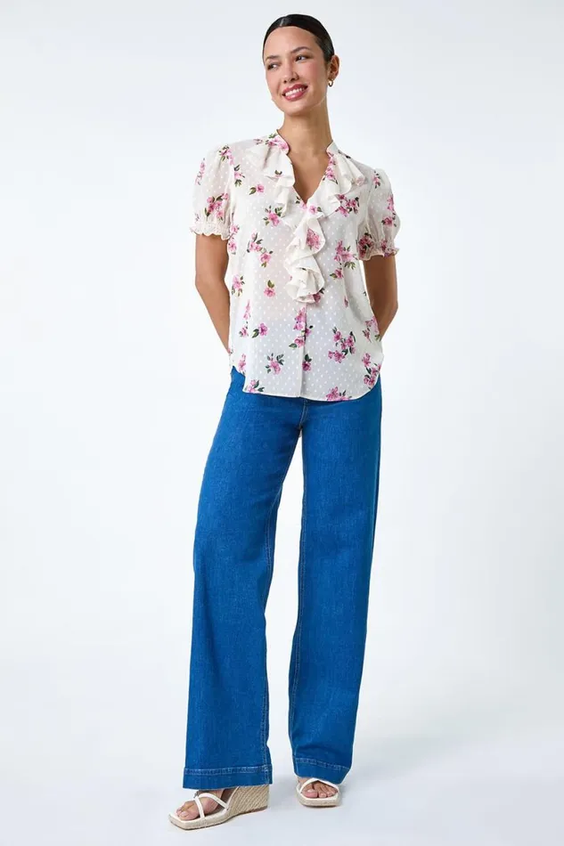 Ivory Textured Spot Floral Print VNeck Frill Top Women Roman Tops