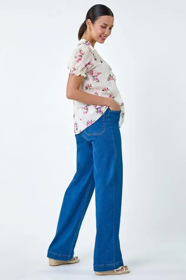Ivory Textured Spot Floral Print VNeck Frill Top Women Roman Tops