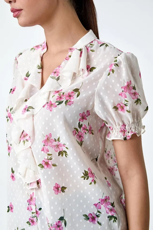 Ivory Textured Spot Floral Print VNeck Frill Top Women Roman Tops