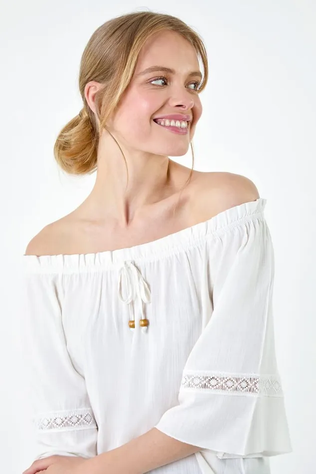 Ivory Tie Detail Stretch Neck Bardot Top Women Roman Tops