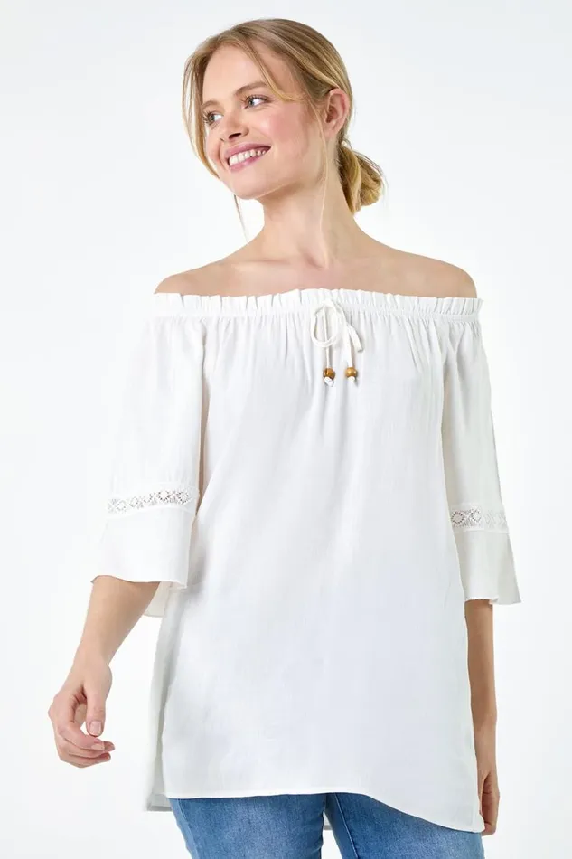 Ivory Tie Detail Stretch Neck Bardot Top Women Roman Tops