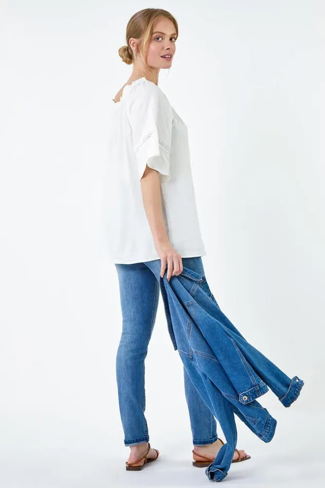Ivory Tie Detail Stretch Neck Bardot Top Women Roman Tops