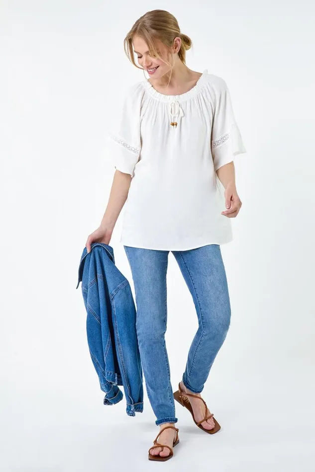 Ivory Tie Detail Stretch Neck Bardot Top Women Roman Tops