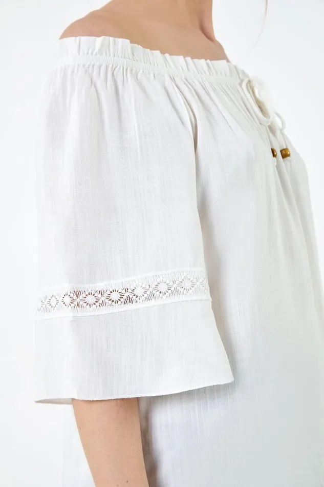 Ivory Tie Detail Stretch Neck Bardot Top Women Roman Tops
