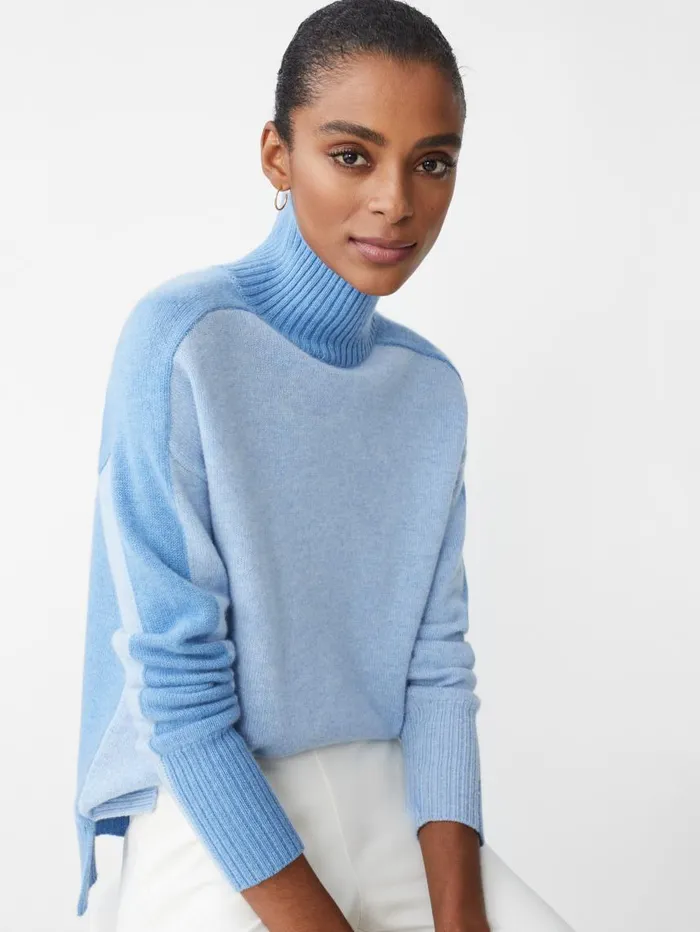 JMcLaughlin Dina Cashmere Turtleneck In Color Block Blue Tonal Women Sweaters