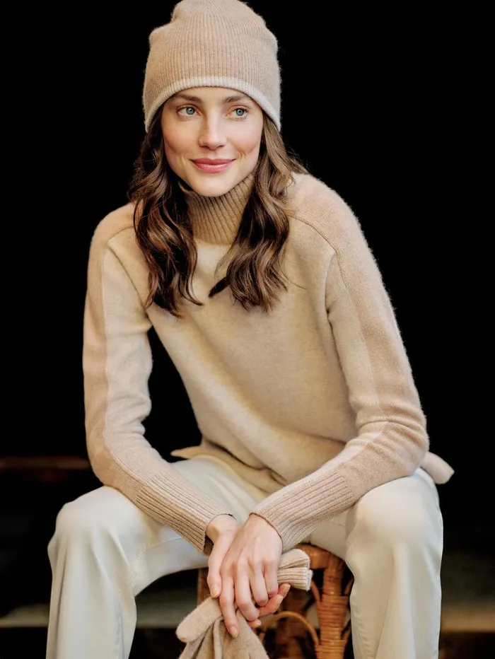 JMcLaughlin Dina Cashmere Turtleneck In Color Block Heather Oatmealcamel Women Sweaters