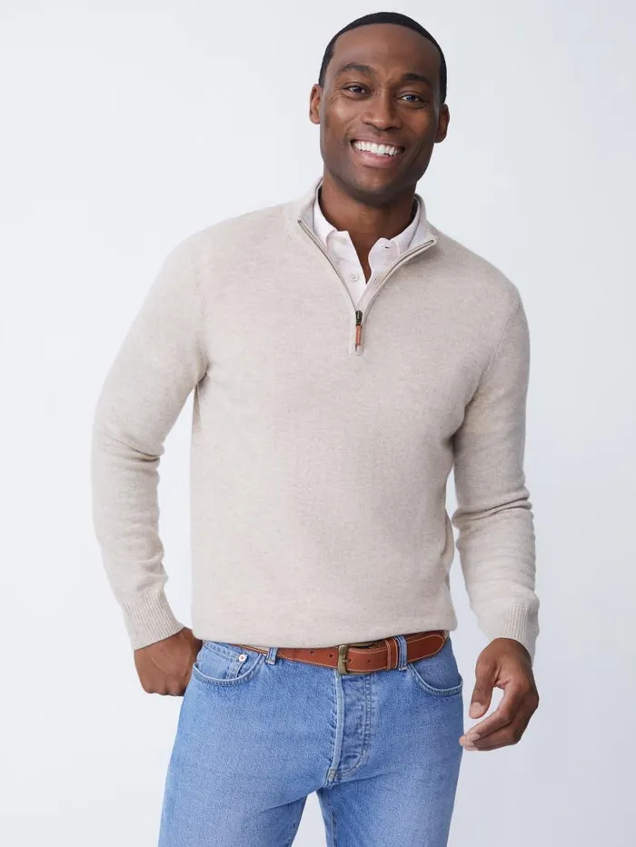 JMcLaughlin Henry Cashmere 14 Zip Heather Oatmeal Men Sweaters