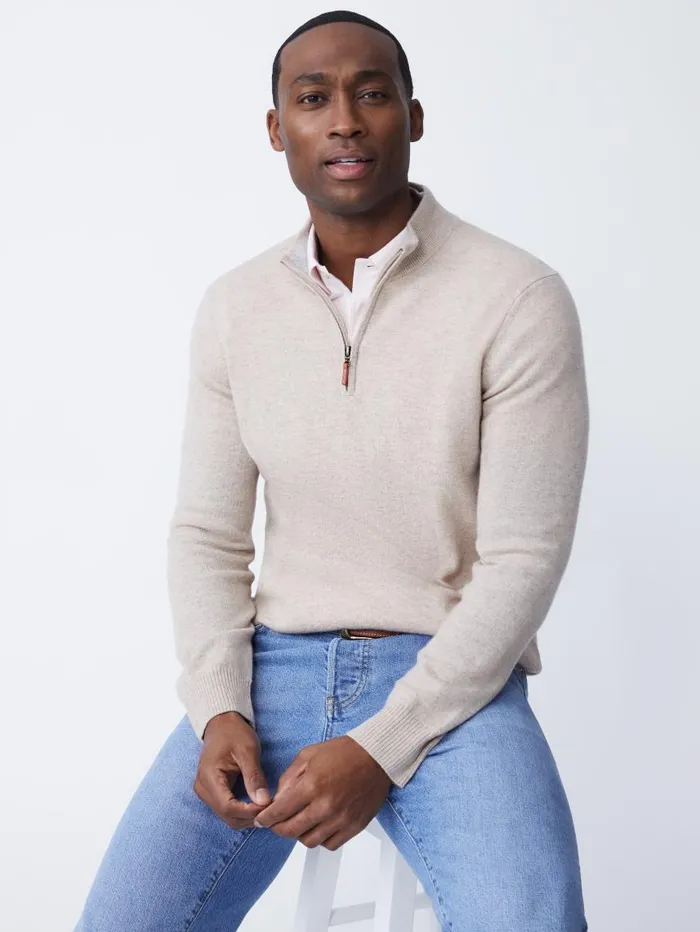JMcLaughlin Henry Cashmere 14 Zip Heather Oatmeal Men Sweaters JMcLaughlin Henry Cashmere 14 Zip Heather Oatmeal Men Sweaters