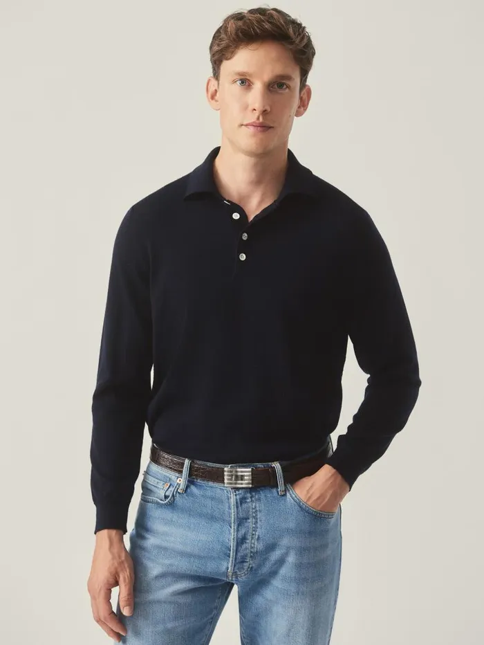 JMcLaughlin Savona Merino Wool and Silk Polo Sweater Dark Navy Men Sweaters
