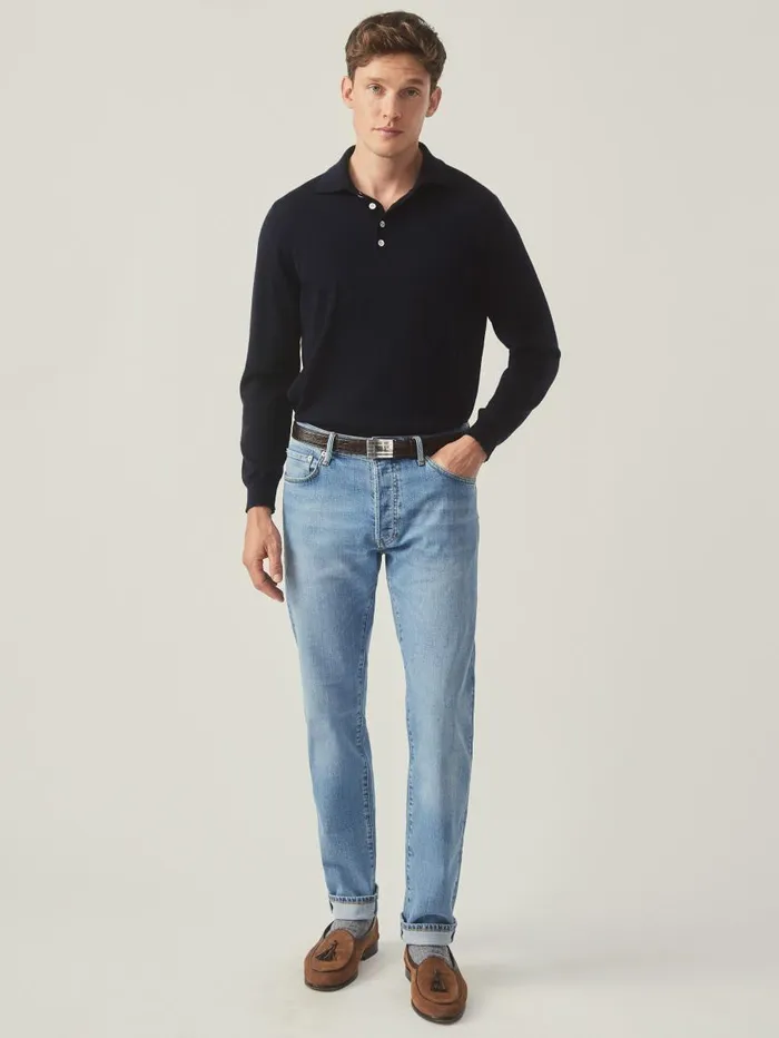 JMcLaughlin Savona Merino Wool and Silk Polo Sweater Dark Navy Men Sweaters JMcLaughlin Savona Merino Wool and Silk Polo Sweater Dark Navy Men Sweaters