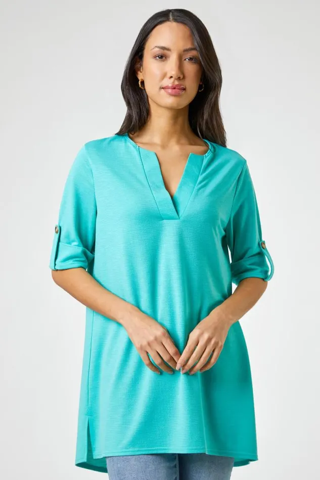 Jade Textured Notch Neck Tunic Top Women Roman Tops