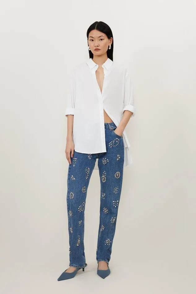 Jeans Women Karen Millen All Over Hand Embellished Vintage Jeans Mid Wash