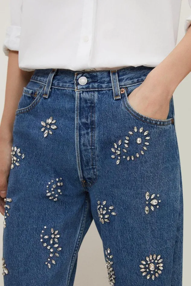 Jeans Women Karen Millen All Over Hand Embellished Vintage Jeans Mid Wash