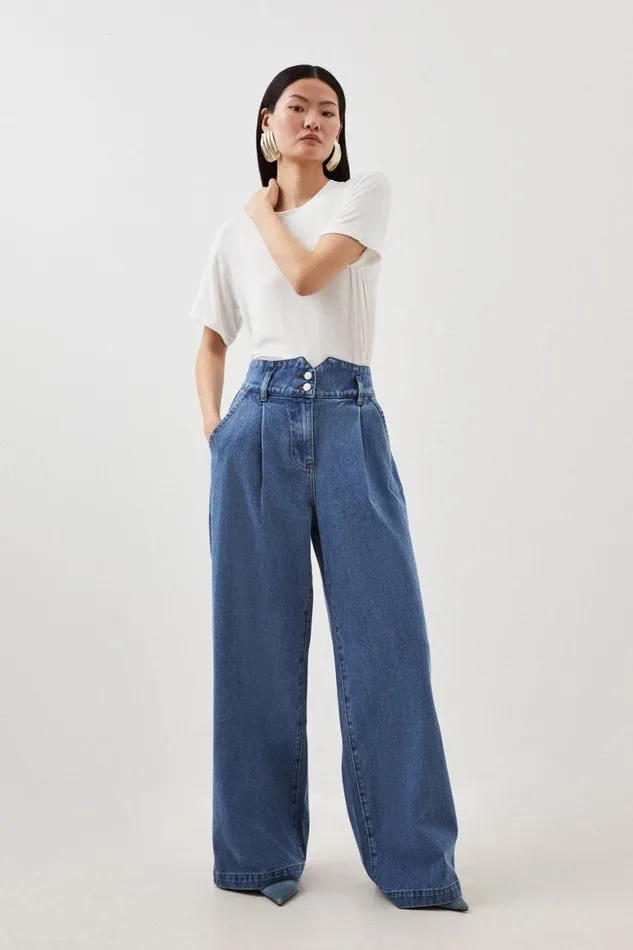 Jeans Women Karen Millen Petite Denim Indigo Wide Leg Trousers Mid Blue