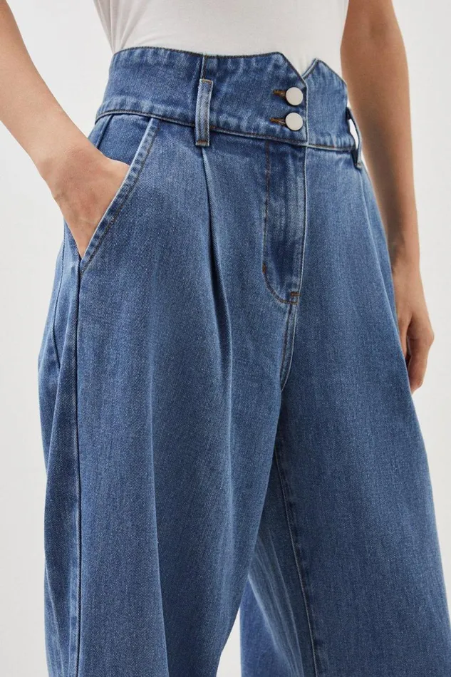 Jeans Women Karen Millen Petite Denim Indigo Wide Leg Trousers Mid Blue