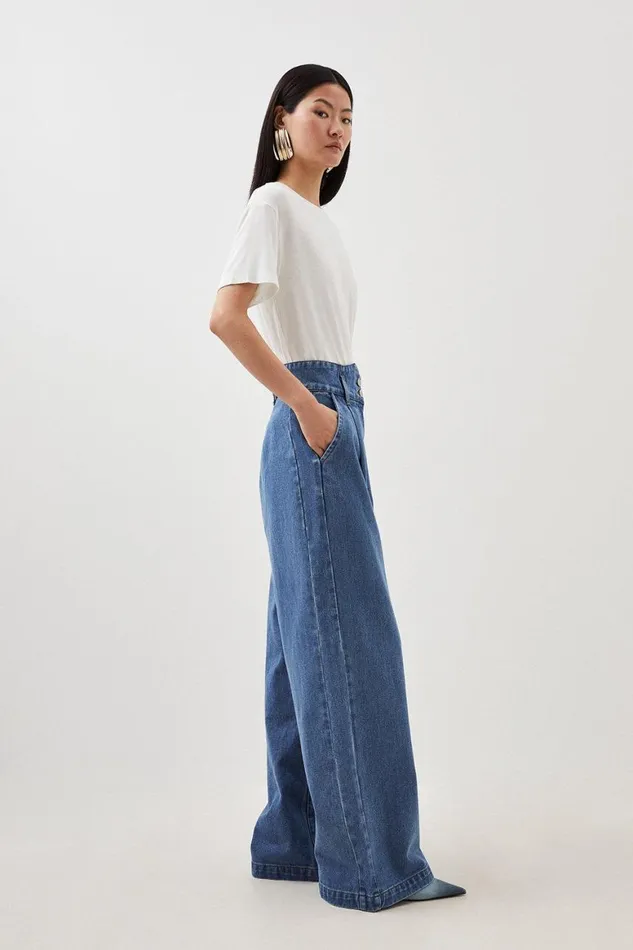 Jeans Women Karen Millen Petite Denim Indigo Wide Leg Trousers Mid Blue