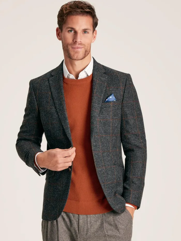 Joules Coats and Jackets Charcoal Grey Windowpane Check Wool Rich Blazer 8211 Men