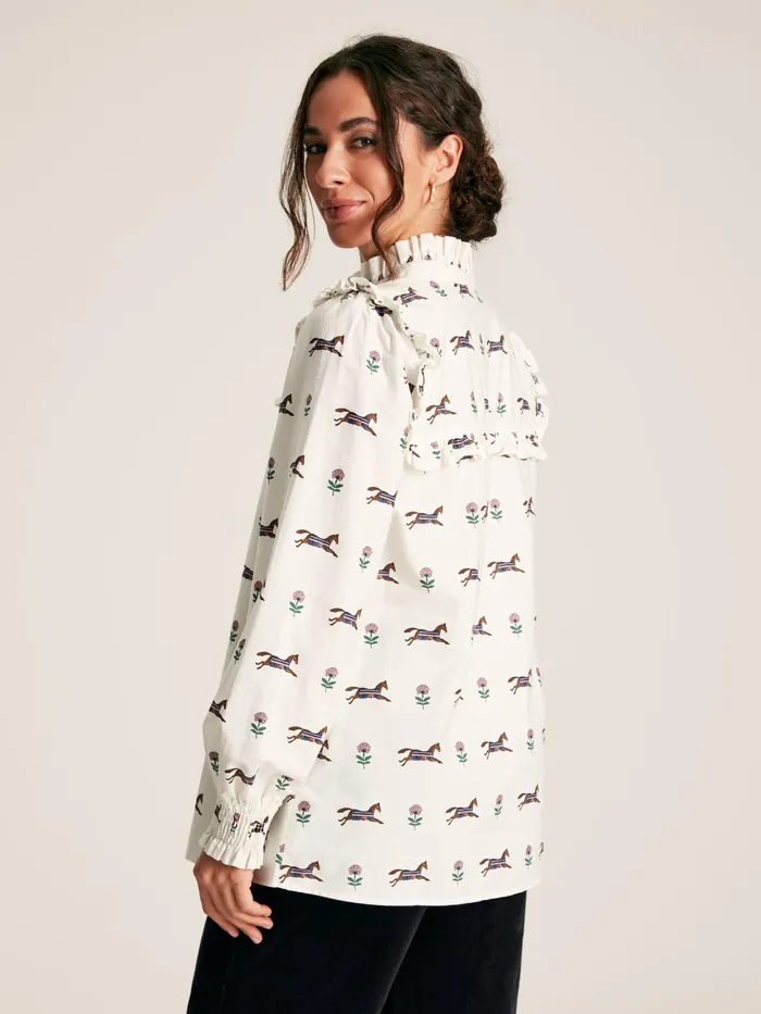 Joules Shirts and Blouses Cream Horse Printed Frill Blouse 8211 Women