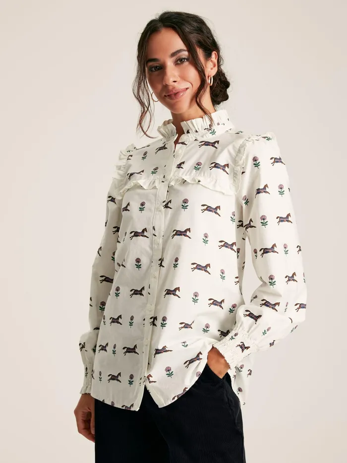 Joules Shirts and Blouses Cream Horse Printed Frill Blouse 8211 Women