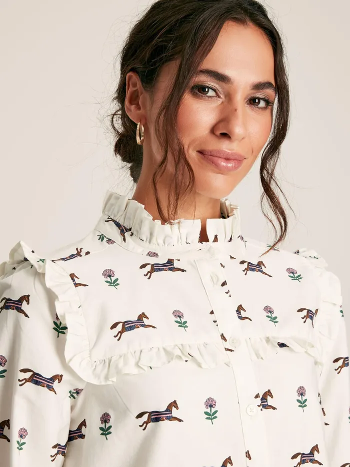 Joules Shirts and Blouses Cream Horse Printed Frill Blouse 8211 Women