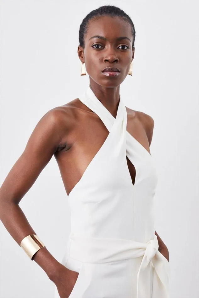 Jumpsuits Women Karen Millen Petite Compact Viscose Stretch Drape Tailored Jumpsuit Ivory