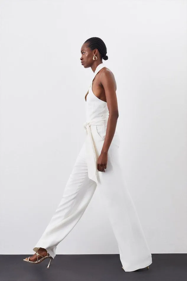 Jumpsuits Women Karen Millen Petite Compact Viscose Stretch Drape Tailored Jumpsuit Ivory