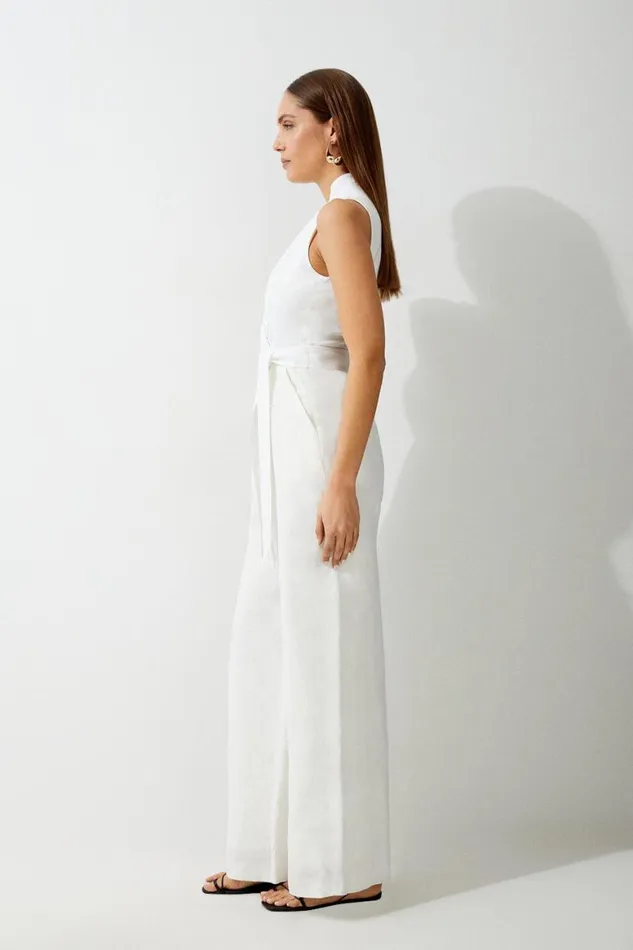 Jumpsuits Women Karen Millen Petite Fluid Tailored Notch Neck Belted Straight Leg Jumpsuit Ivory