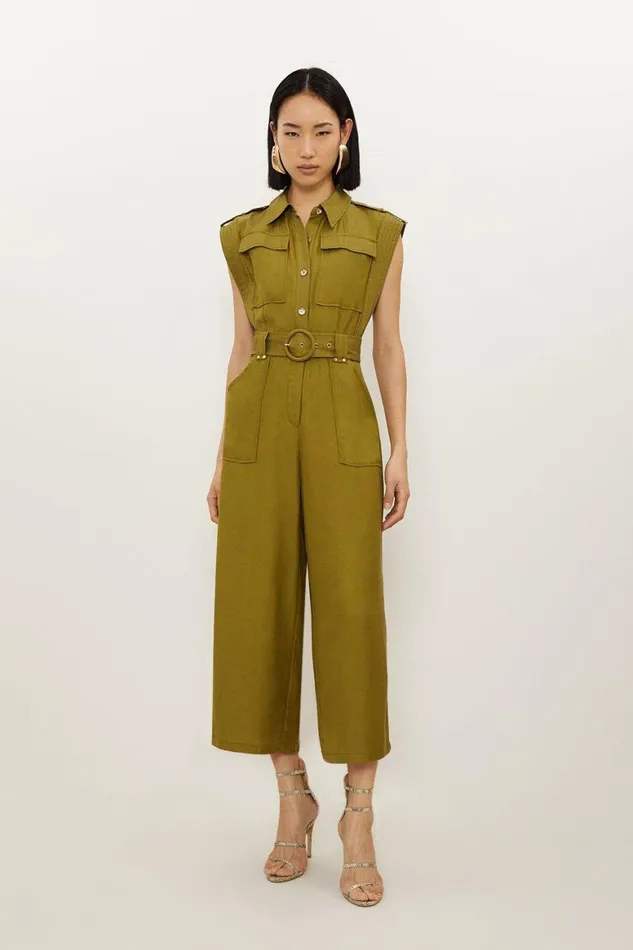Jumpsuits Women Karen Millen Premium Linen Viscose Topstitch Detail Utility Belted Woven Jumpsuit Khaki Jumpsuits Women Karen Millen Premium Linen Viscose Topstitch Detail Utility Belted Woven Jumpsuit Khaki