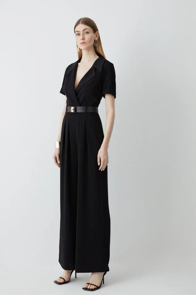 Jumpsuits Women Karen Millen Soft Tailored Belted Pleat Wide Leg Jumpsuit Black
