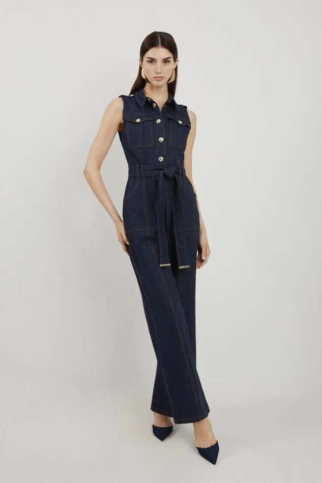 Jumpsuits Women Karen Millen Tall Tailored Denim Belted Shirt Wide Leg Jumpsuit Indigo