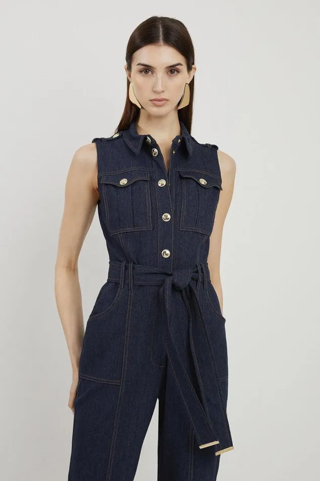 Jumpsuits Women Karen Millen Tall Tailored Denim Belted Shirt Wide Leg Jumpsuit Indigo