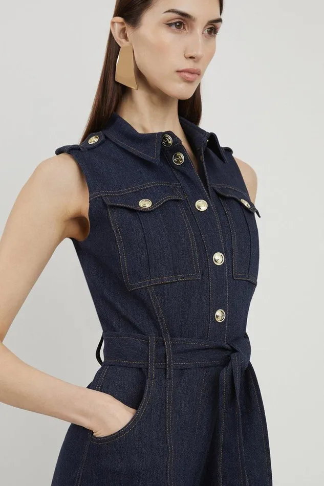 Jumpsuits Women Karen Millen Tall Tailored Denim Belted Shirt Wide Leg Jumpsuit Indigo