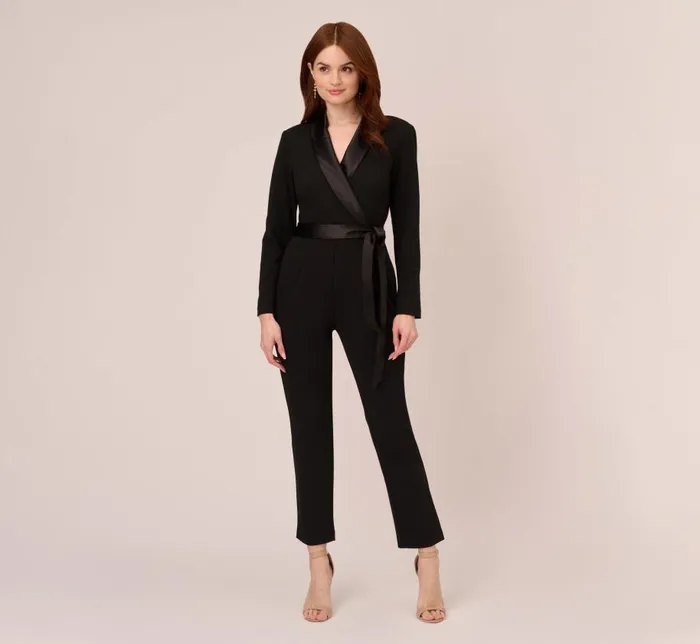Jumpsuits Womens Adrianna Papell Long Sleeve Crepe Jumpsuit With Tuxedo Collar In Black
