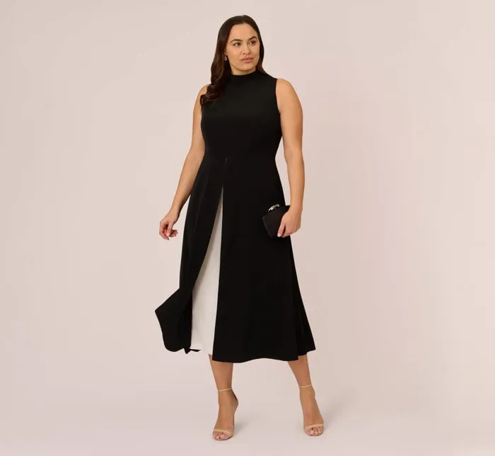 Jumpsuits Womens Adrianna Papell Plus Size Colorblock Matte Crepe Cropped Jumpsuit With Skirt Overlay In Black Ivory
