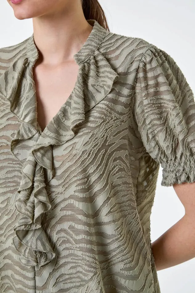 Khaki Animal Jacquard Frill Stretch TShirt Women Roman Tops
