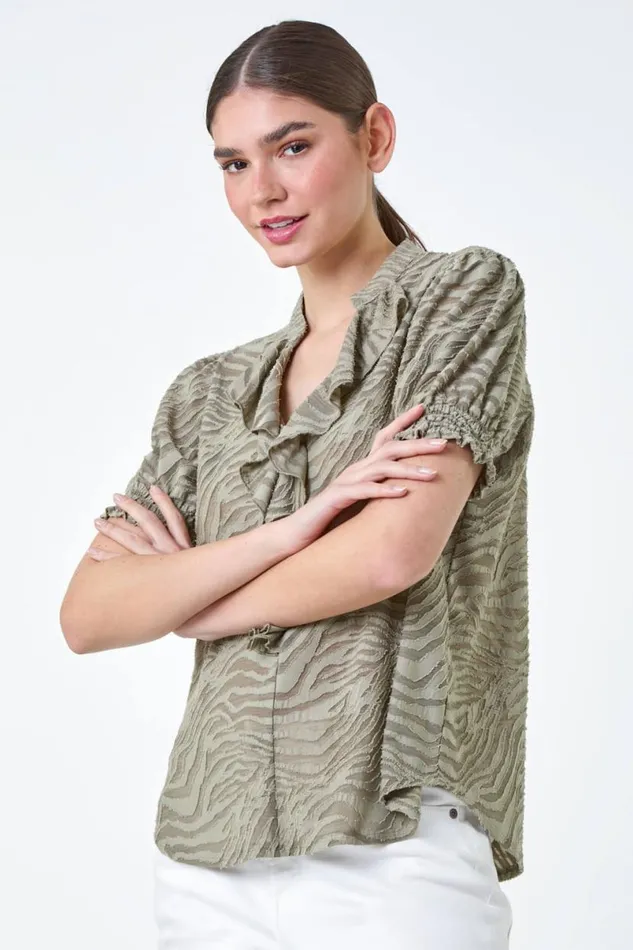 Khaki Animal Jacquard Frill Stretch TShirt Women Roman Tops