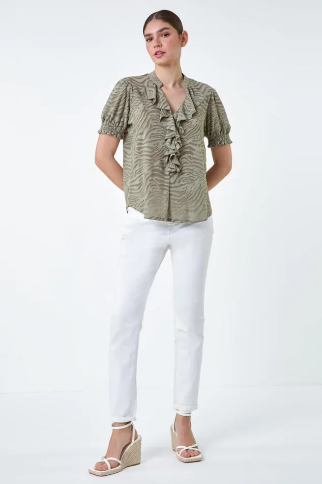 Khaki Animal Jacquard Frill Stretch TShirt Women Roman Tops