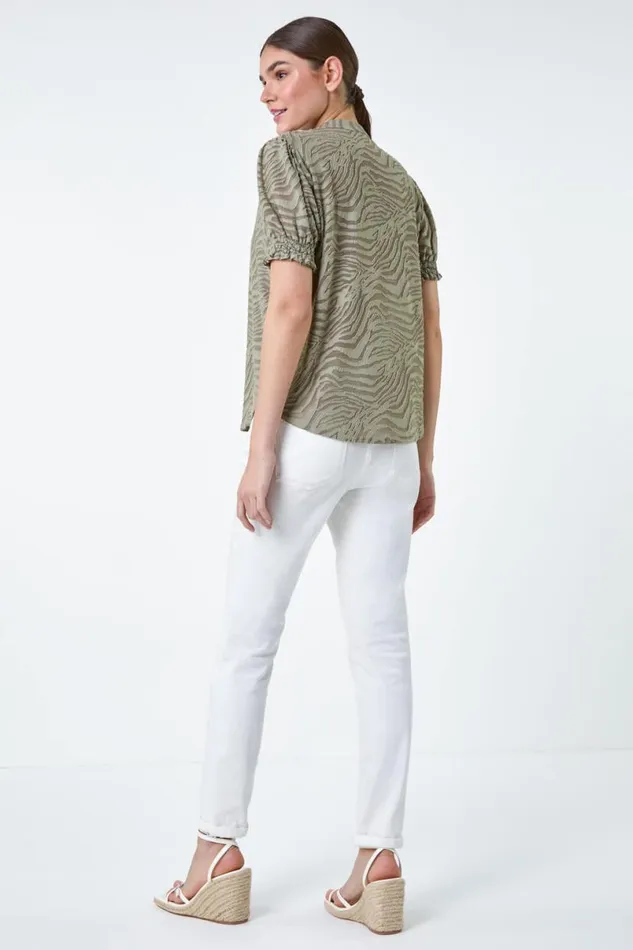 Khaki Animal Jacquard Frill Stretch TShirt Women Roman Tops