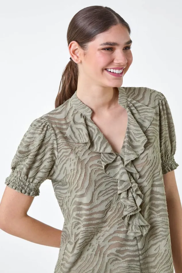 Khaki Animal Jacquard Frill Stretch TShirt Women Roman Tops