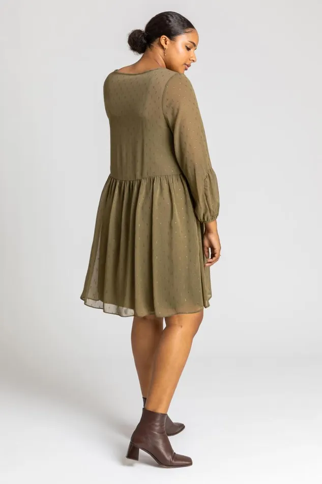 Khaki Curve Chiffon Spot Smock Dress Women Roman Dresses