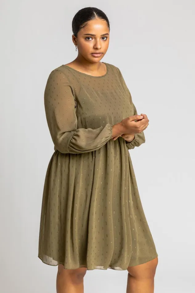 Khaki Curve Chiffon Spot Smock Dress Women Roman Dresses