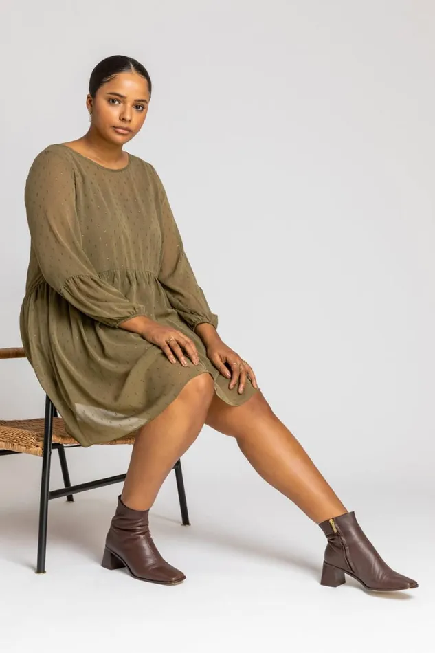 Khaki Curve Chiffon Spot Smock Dress Women Roman Dresses